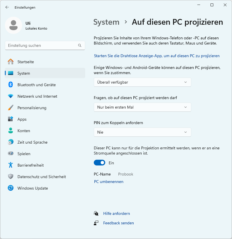 Systemeinstellungen Auf diesen PC projizieren